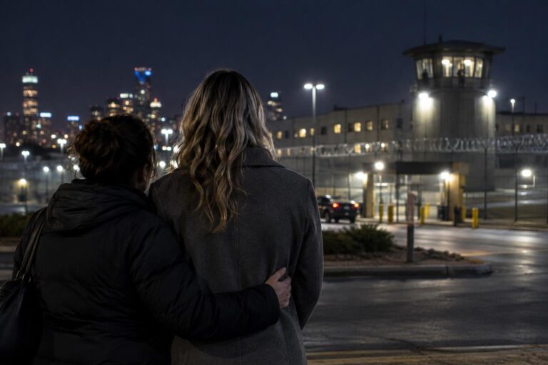 Δύο γυναίκες έξω από ομοσπονδιακή φυλακή τη νύχτα