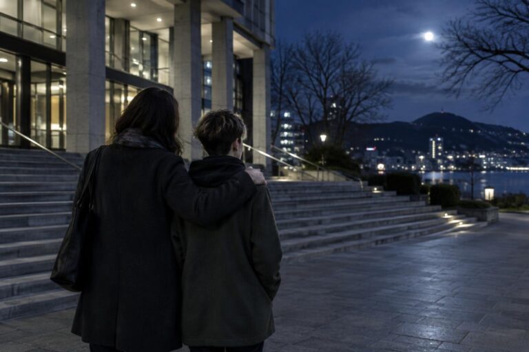 Τρανς έφηβο και γονέας έξω από δικαστήριο τη νύχτα