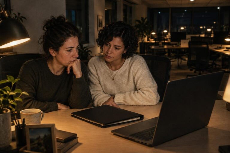 Δύο queer εργαζόμενες συζητούν ανήσυχες σε γραφείο τη νύχτα