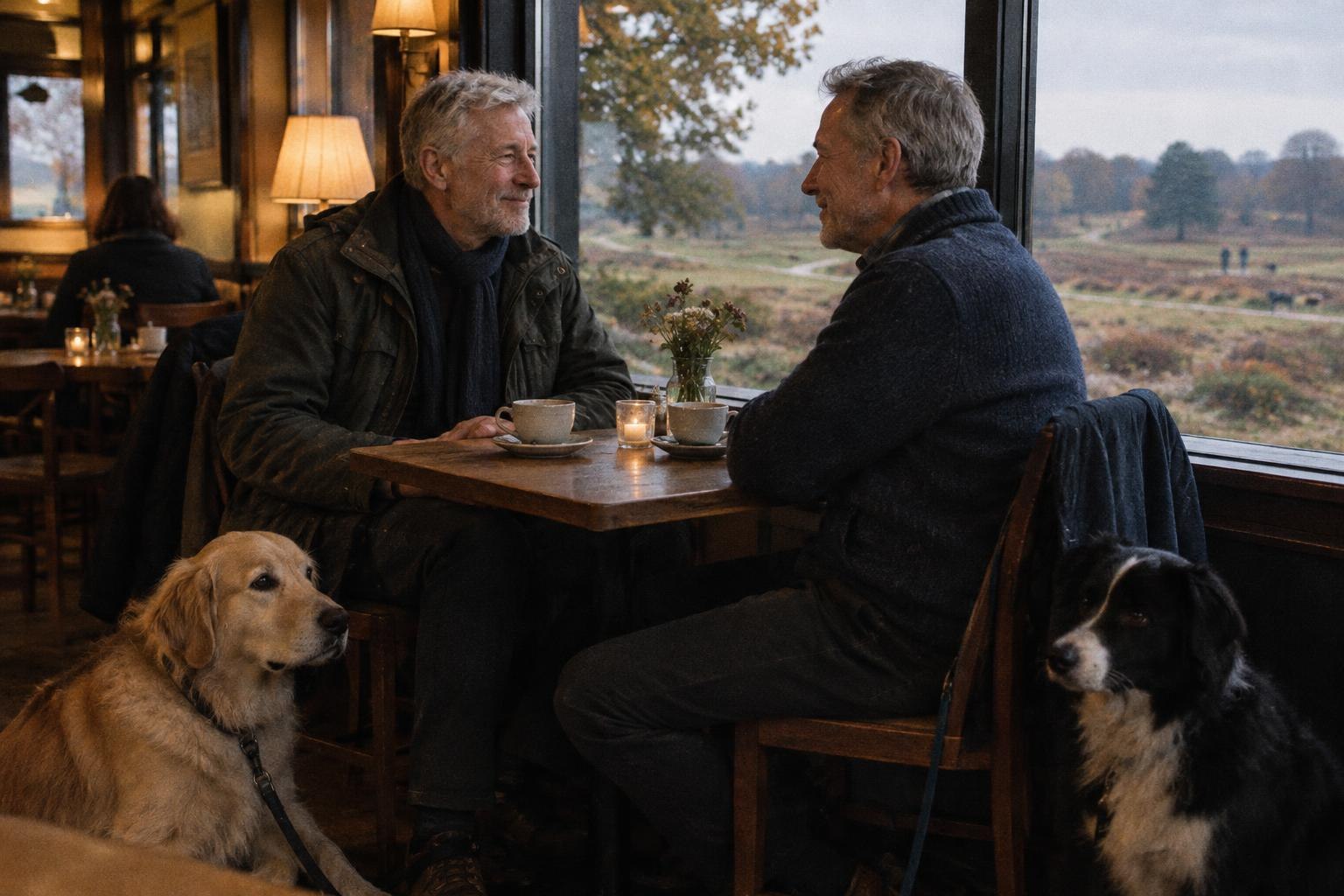 Δύο μεγαλύτεροι γκέι άνδρες με τους σκύλους τους σε πάρκο