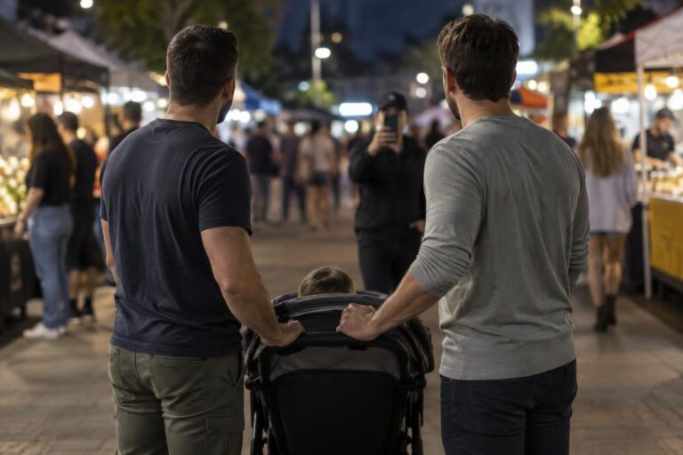 Δύο γκέι πατέρες με καρότσι σε νυχτερινή αγορά