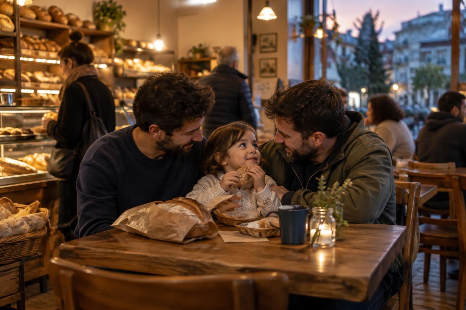 Δύο πατέρες με το παιδί τους σε μικρό φούρνο