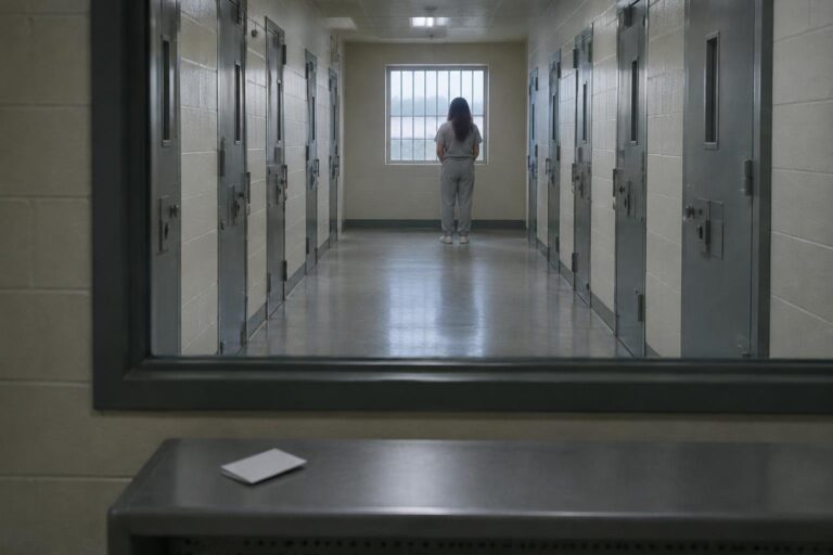 Τρανς κρατούμενη στέκεται μόνη σε διάδρομο φυλακής.