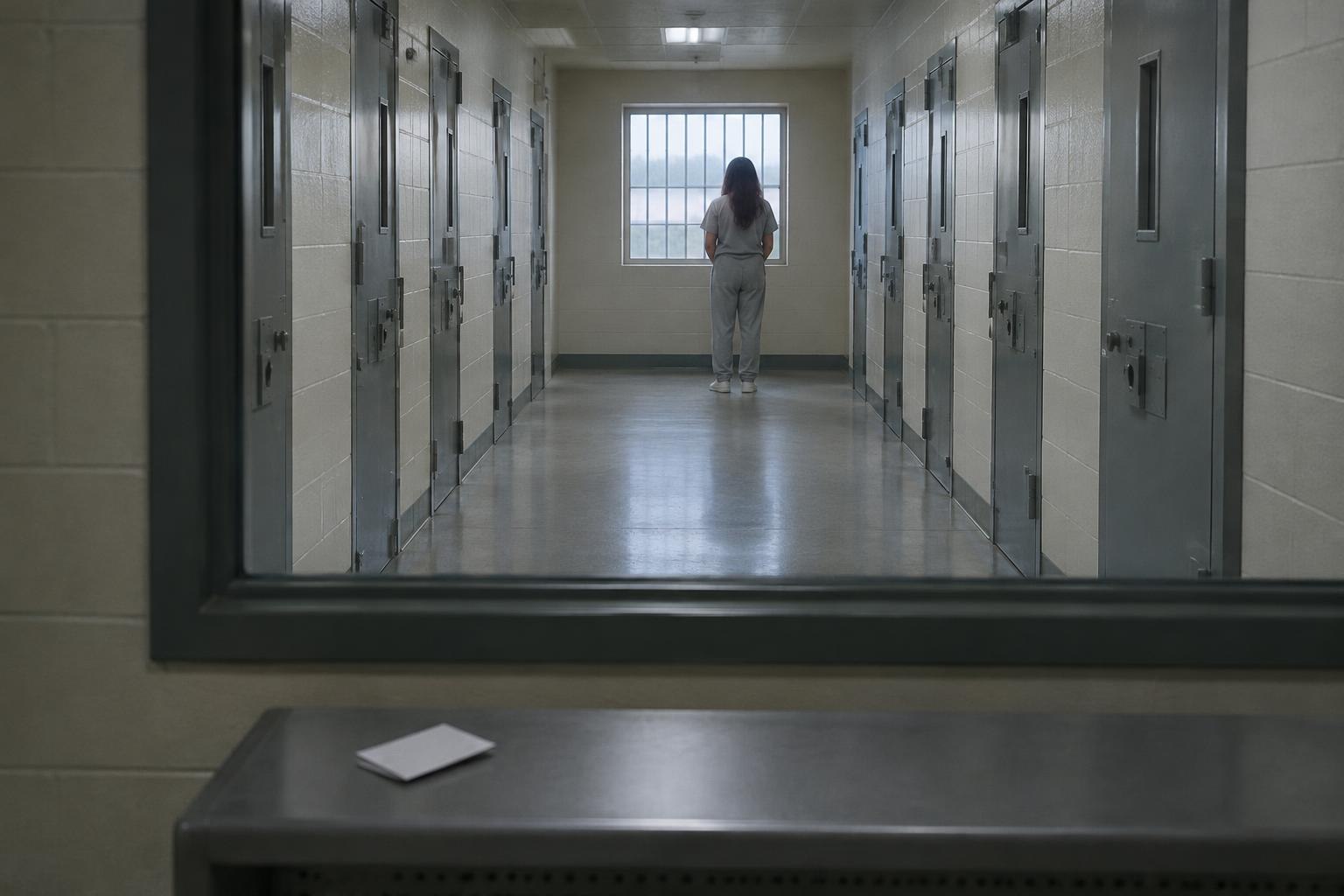 Τρανς κρατούμενη στέκεται μόνη σε διάδρομο φυλακής.