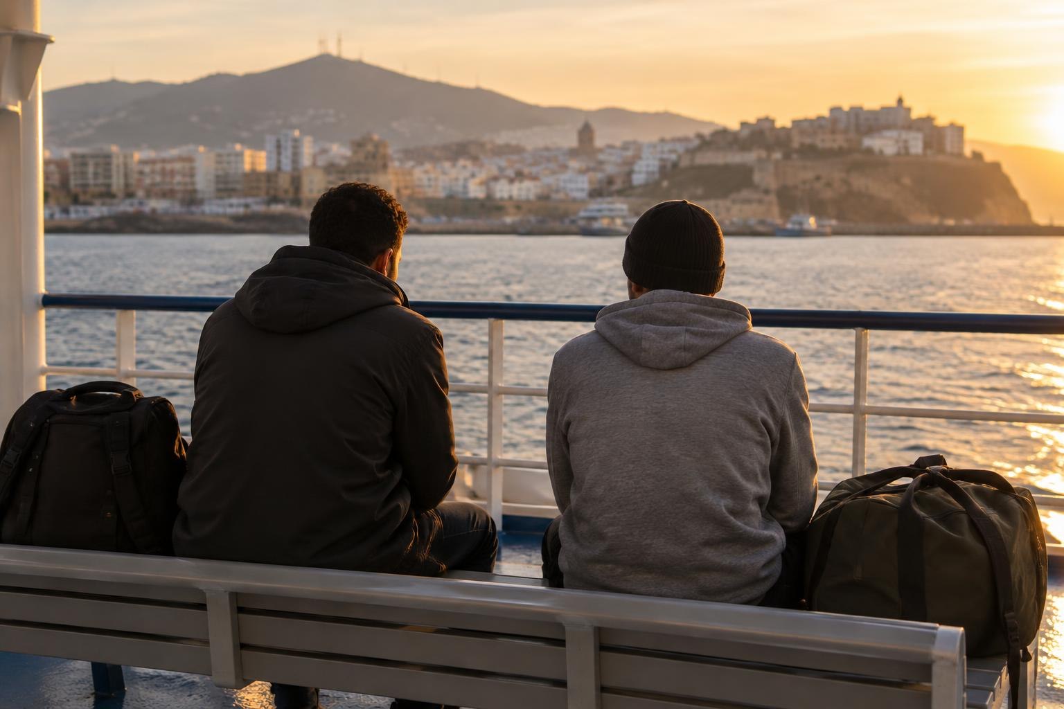 Δύο άντρες με ταξιδιωτικές τσάντες σε κατάστρωμα πλοίου στη Θέουτα