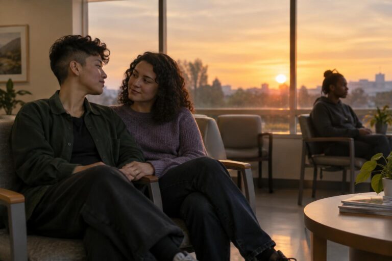 Δύο queer άτομα σε ήσυχη αίθουσα αναμονής ιατρείου