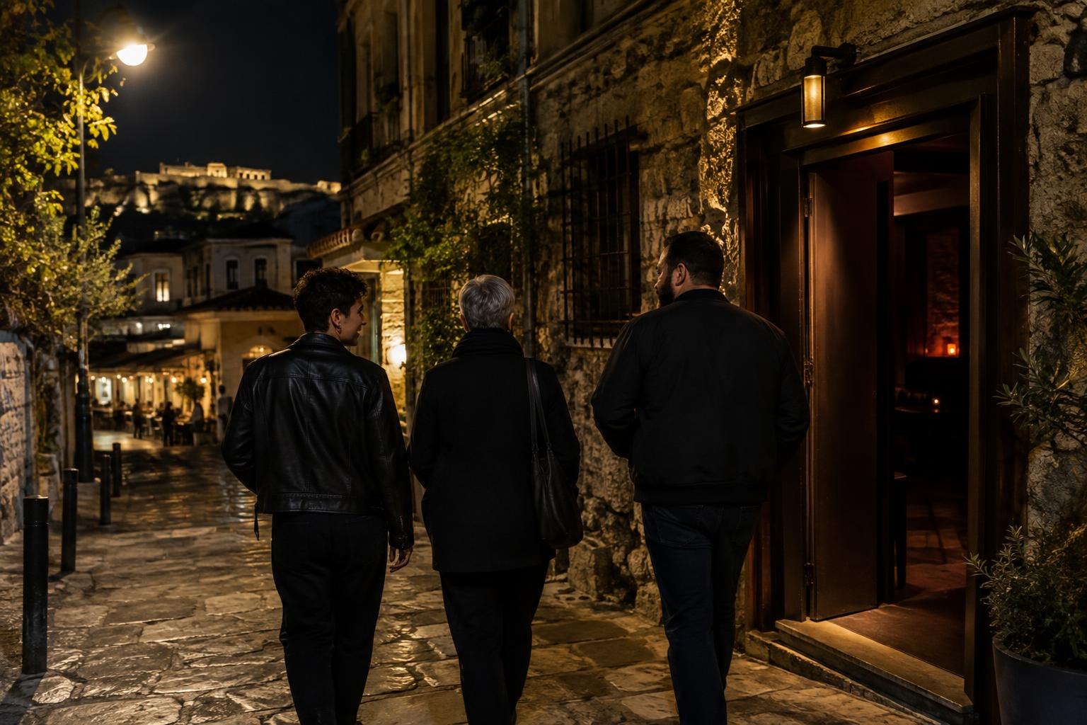 Queer παρέα περπατά νύχτα προς συνάντηση στο κέντρο της Αθήνας
