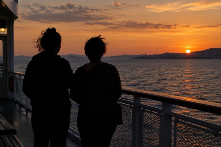 Δύο τρανς άτομα στέκονται μαζί στο κατάστρωμα πλοίου στο ηλιοβασίλεμα.