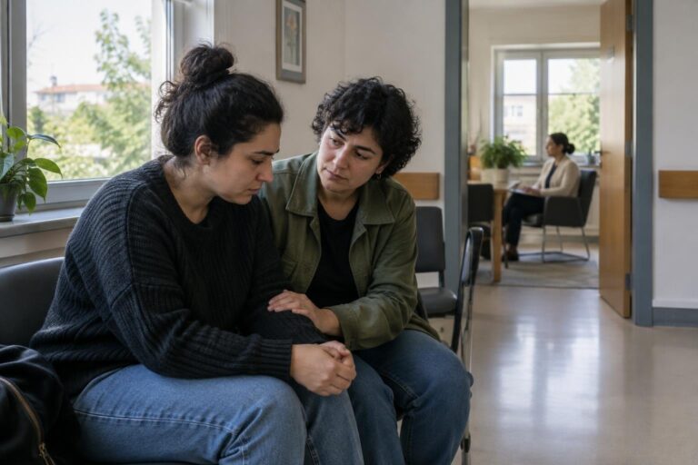 Δύο φίλοι στηρίζουν ο ένας τον άλλο σε κέντρο υγείας