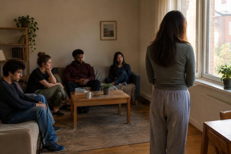 Τρανς γυναίκα κοιτάζει έξω από παράθυρο σε λιτό διαμέρισμα